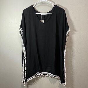Adreamly swim coverup black‎ with Pom Pom trim